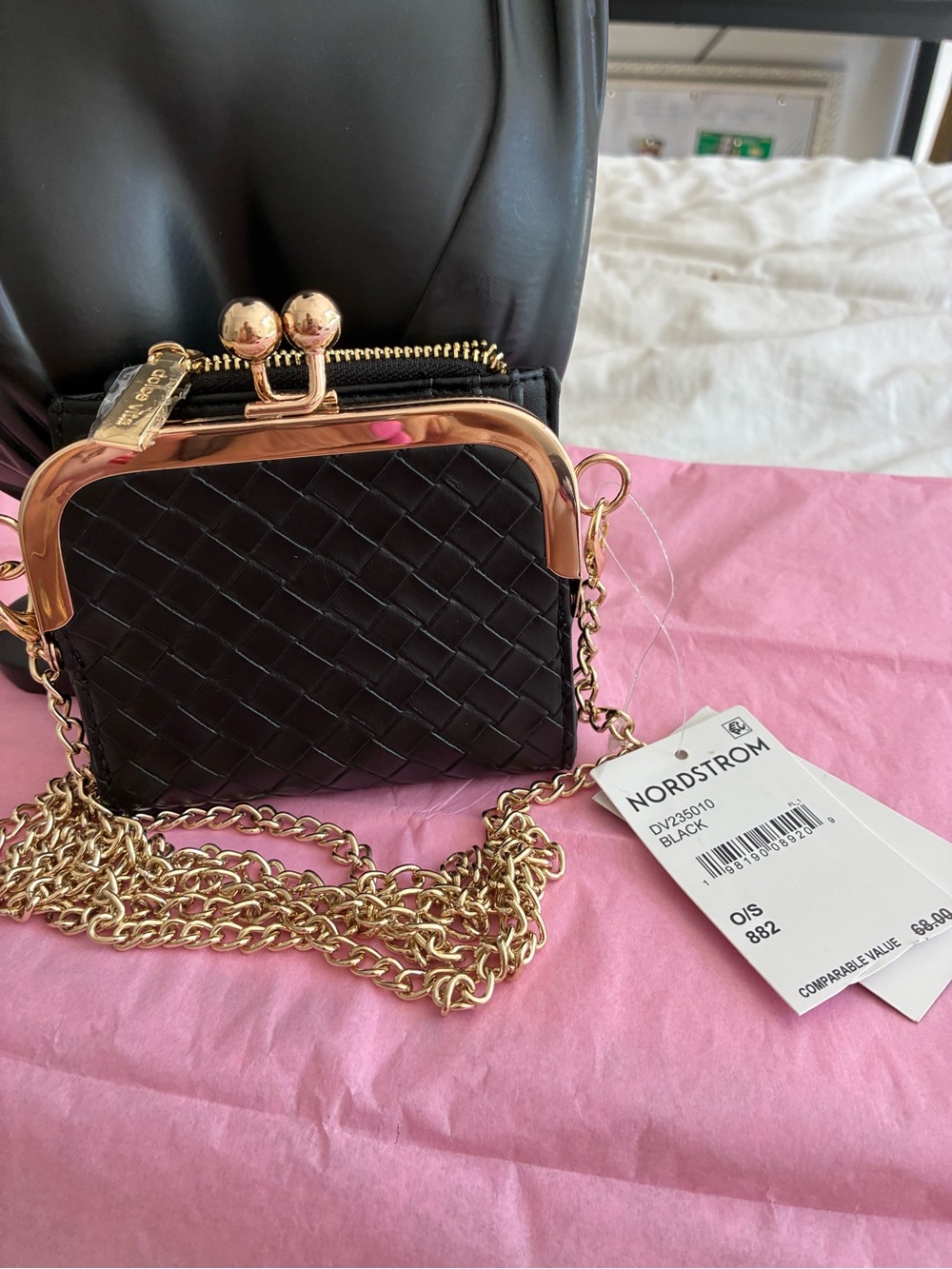 Nordstrom Black Woven Mini Crossbody with Gold Frame